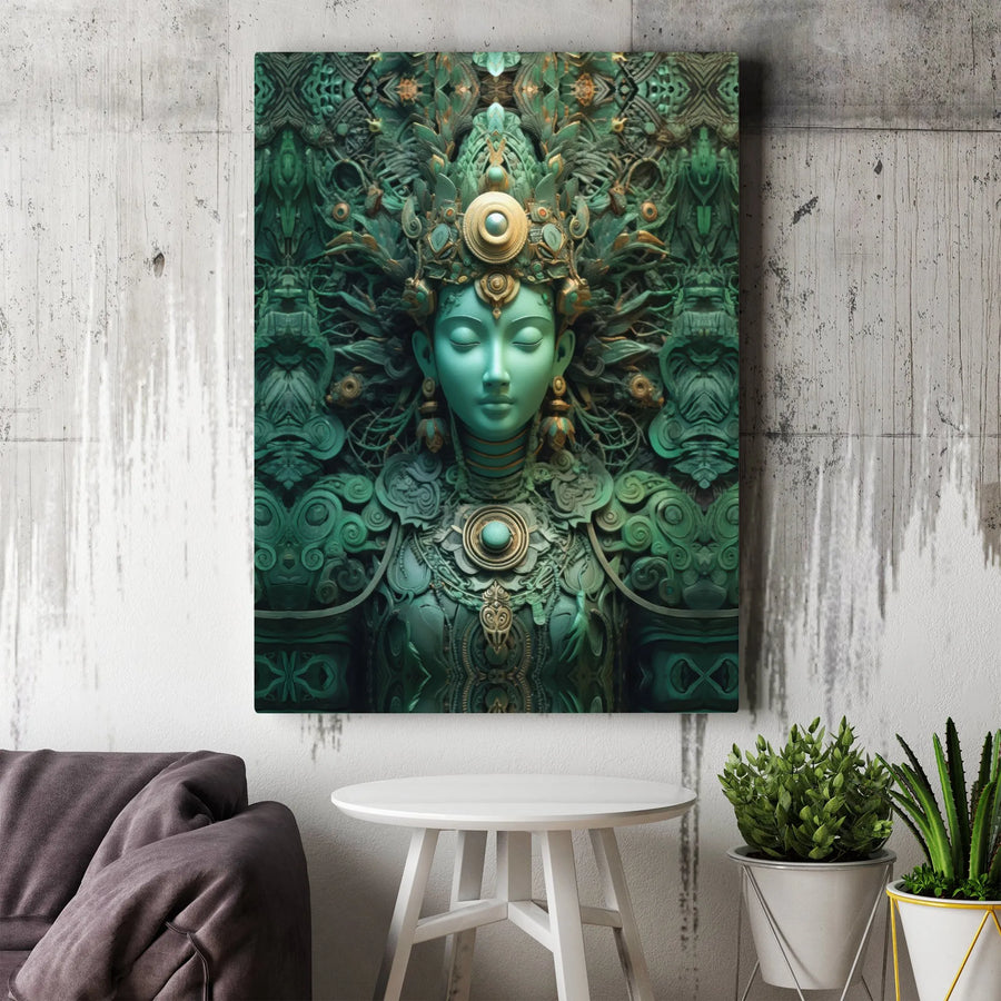 Mystical Jade Goddess Canvas Art | Intricate Headdress Portrait | Premium Gallery Wrap Wall Decor | Spiritual Zen Home Office Gift