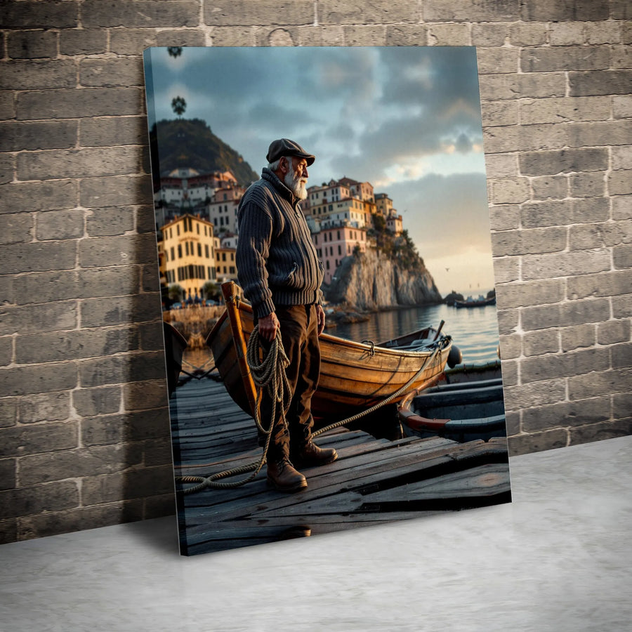 Old Fisherman Canvas Wall Art | Coastal Village Sunset Scene | Premium 1.25-Inch Gallery Wrap | Nautical Home Decor Gift for Sea Lovers