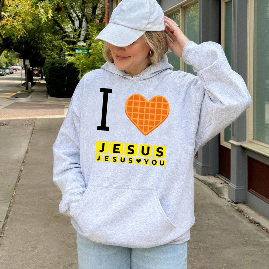 I Love Jesus Waffle Heart Hoodie | Funny Christian Breakfast Graphic | Soft Cotton-Polyester Blend | Religious Gift for Men and Women