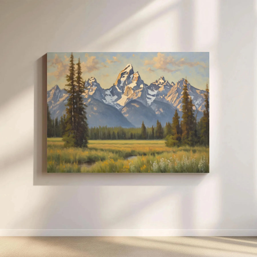 Grand Teton National Park Canvas Print | Mountain Landscape Oil Painting Style | Premium Gallery Wrap Wall Art | Scenic Nature Decor Gift for Hikers