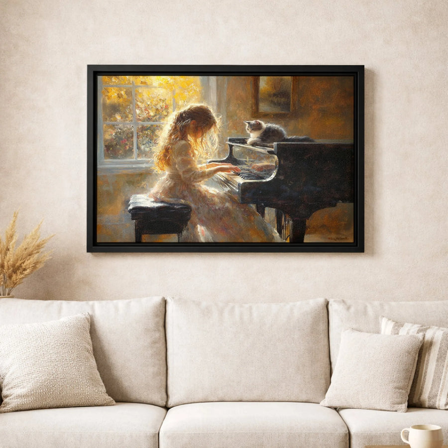 Girl Playing Piano with Cat Canvas Wall Art | Impressionist Music Room Decor | Premium Gallery Wrap Print | Whimsical Gift for Musician or Cat Lover