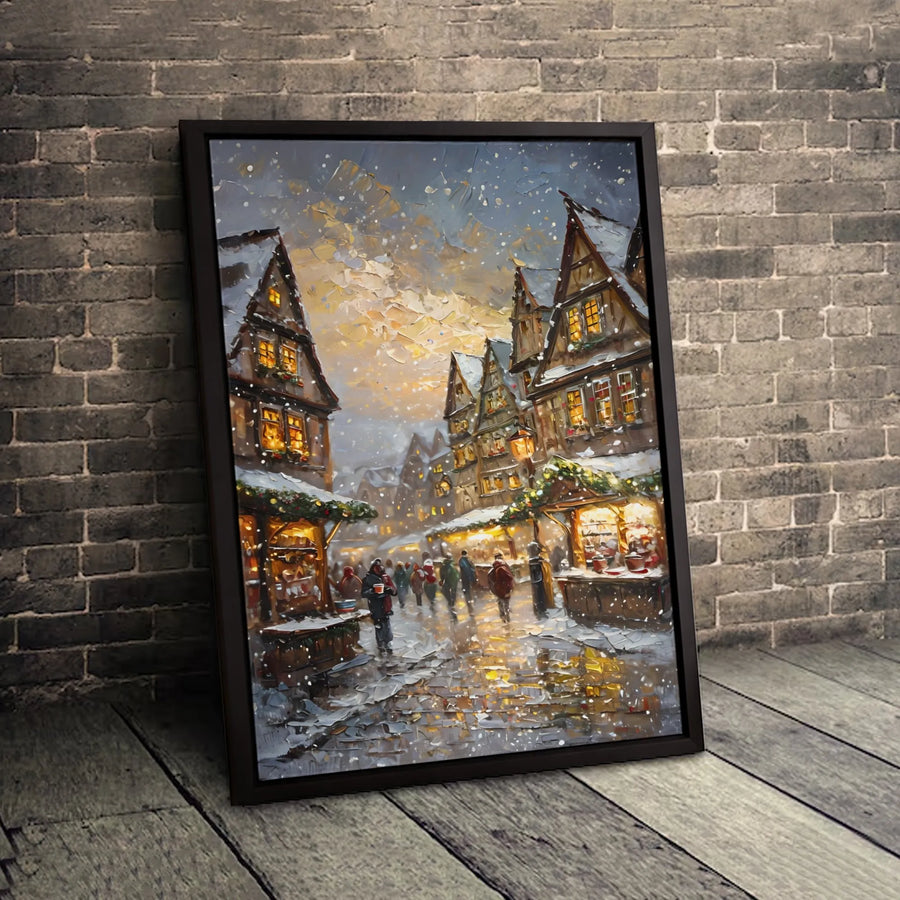 Christmas Market Canvas Print | Snowy European Old Town Oil Painting | Gallery Wrapped Wall Art | Festive Holiday Home Decor Gift