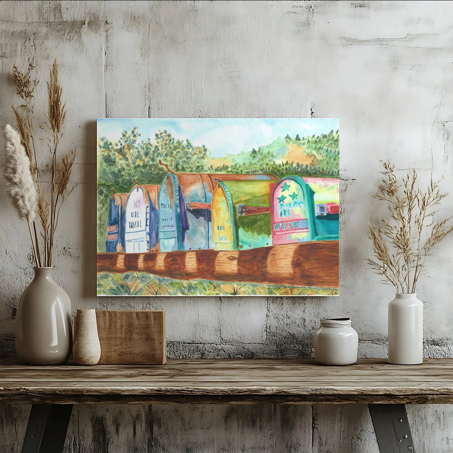Rustic Mailbox Canvas Wall Art | Colorful Watercolor Countryside Landscape | Premium 1.25-Inch Gallery Wrap | Southwestern Decor Gift