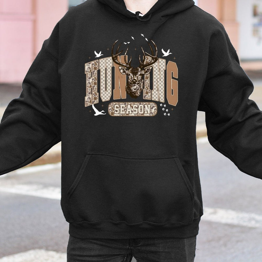 Hunting Season Hoodie | Retro Deer Camo Graphic Print | Premium Cotton-Blend Apparel | Gift for Outdoorsman Hunter