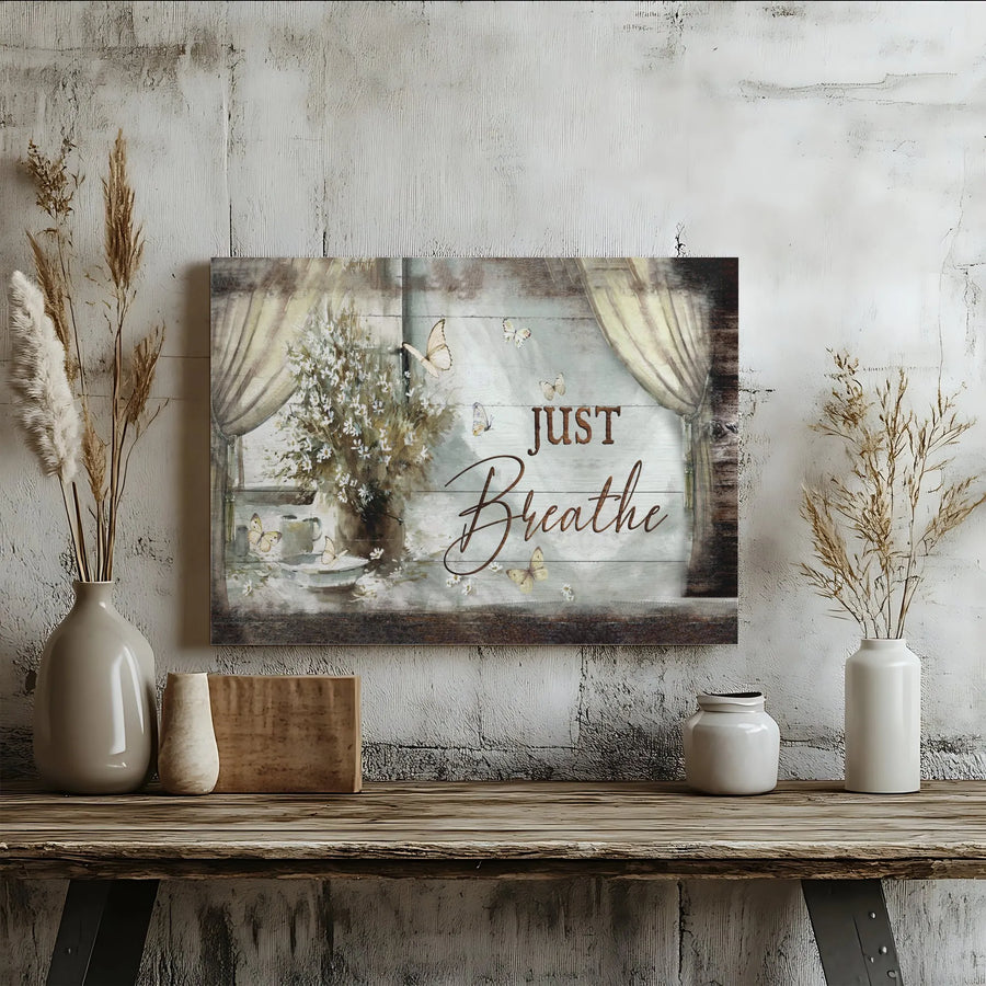 Just Breathe Butterfly Canvas Wall Art | Rustic Farmhouse Window Scene | Premium Gallery Wrapped Canvas | Inspirational Home Decor Gift