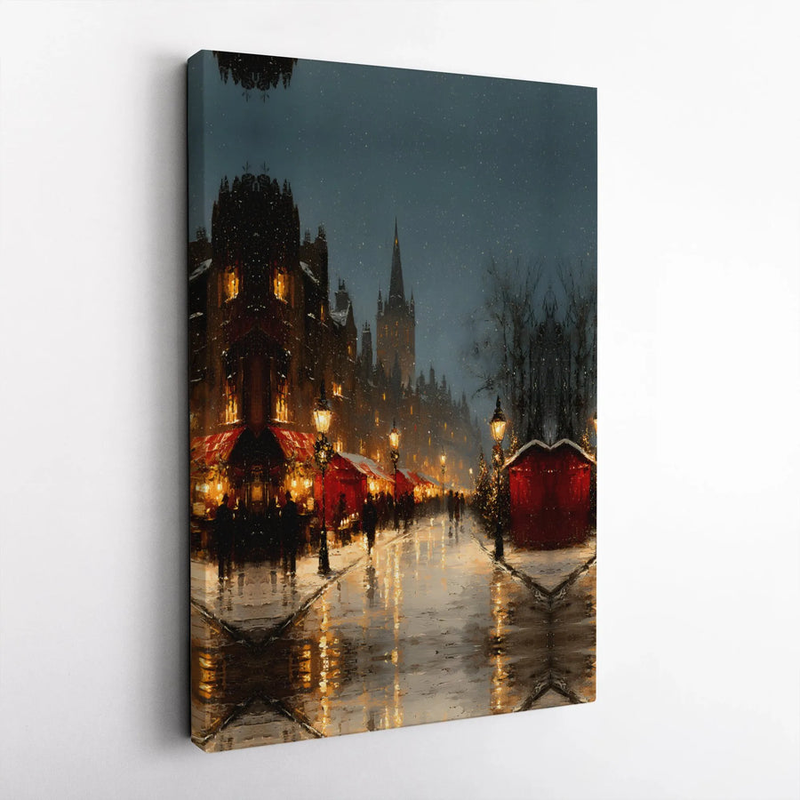 Christmas Market Canvas Wall Art | Snowy European Village Night Scene | Gallery Wrap Premium Print | Cozy Holiday Home Decor Gift