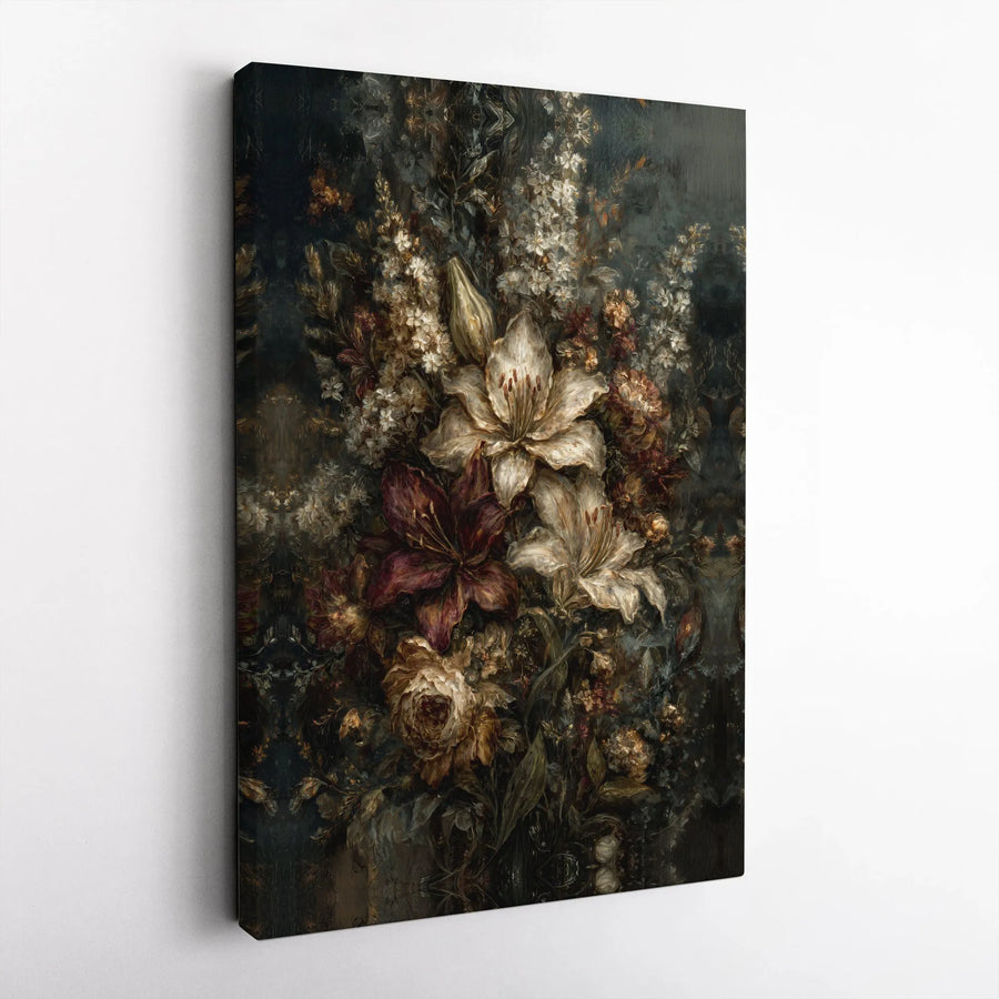 Dark Moody Floral Still Life Canvas | Baroque Lily and Rose Oil Painting Style | Premium Fade-Resistant Wall Art | Sophisticated Home Decor Gift