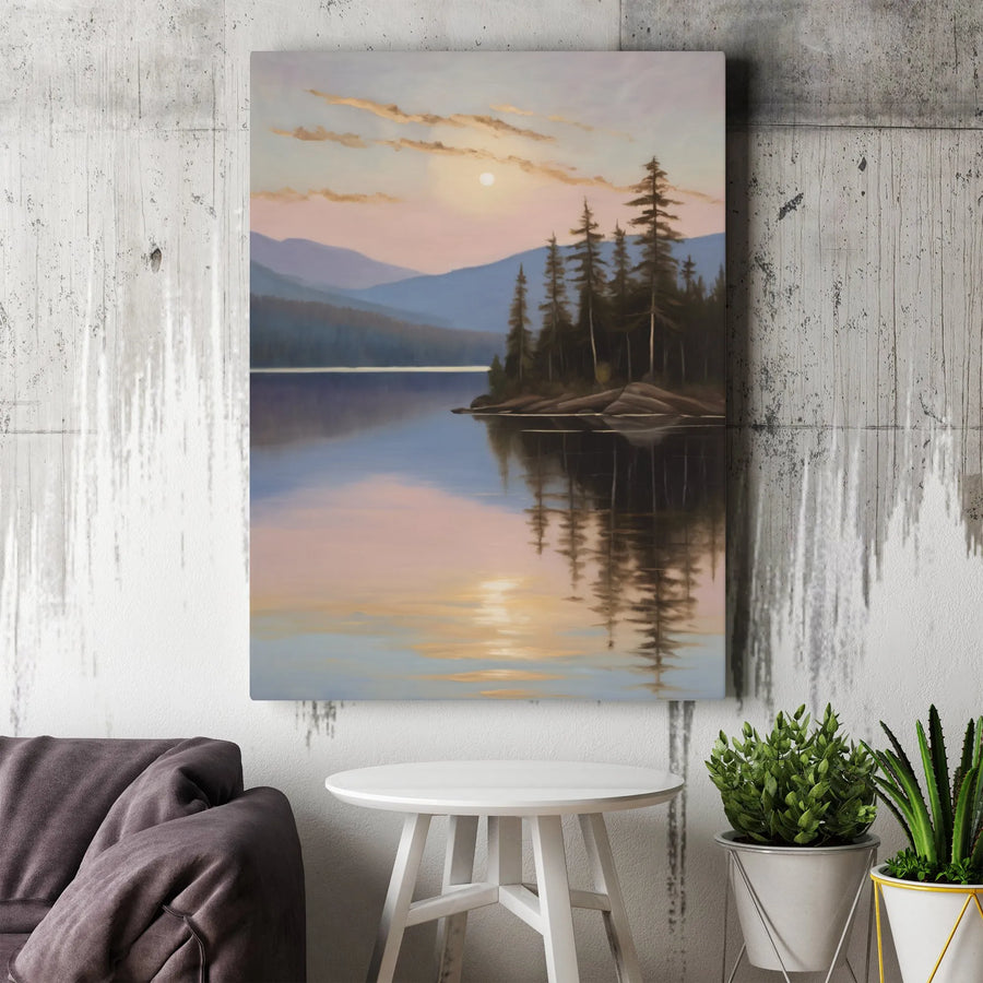 Serene Lake Canvas Wall Art | Misty Mountain Forest Painting | Premium Gallery Wrapped Canvas | Cabin Decor & Housewarming Gift
