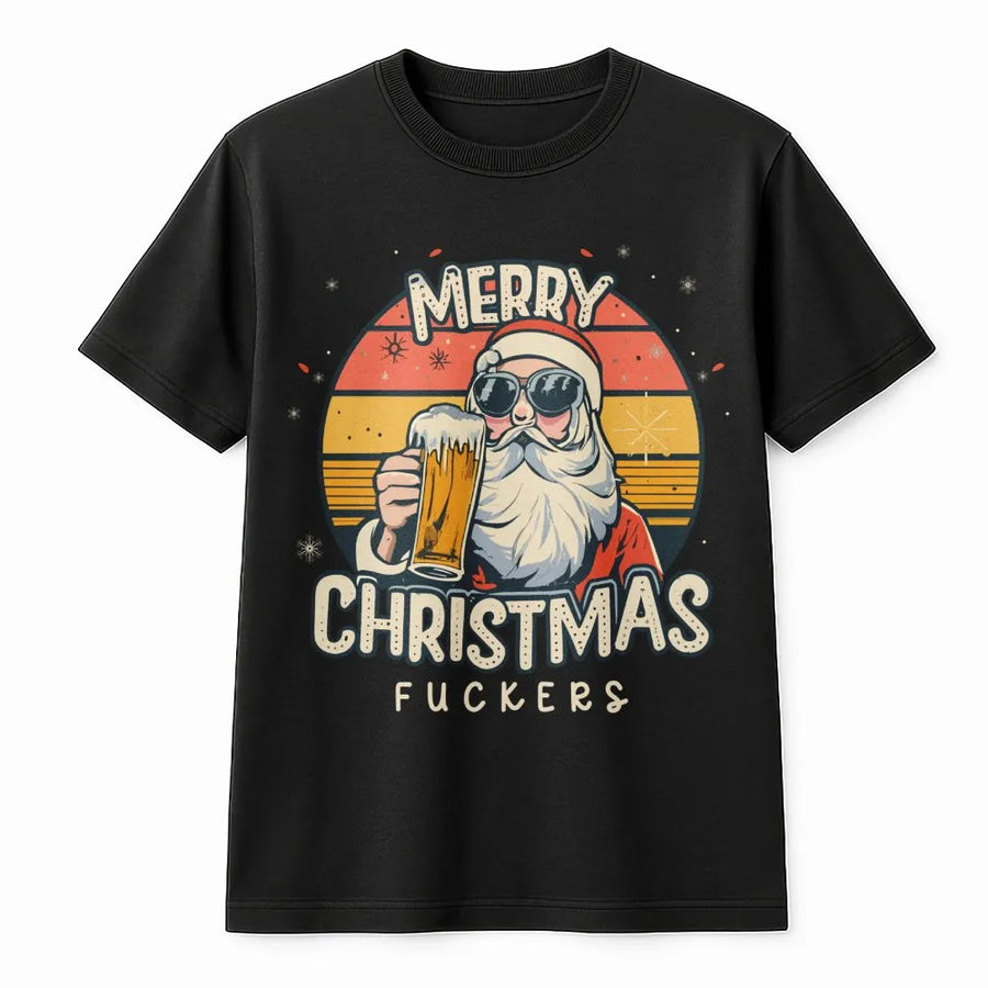 Funny Christmas T-Shirt | Retro Santa Drinking Beer Graphic | Premium Cotton Unisex Tee | Sarcastic Rude Holiday Gift for Adults