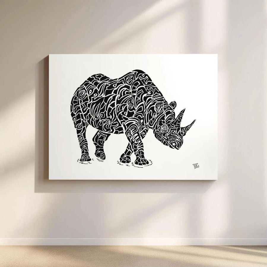 Rhinoceros Canvas Wall Art | Abstract Geometric Animal Line Work | Premium Gallery Wrap 1.25" Frame | Modern Minimalist Home Decor Gift
