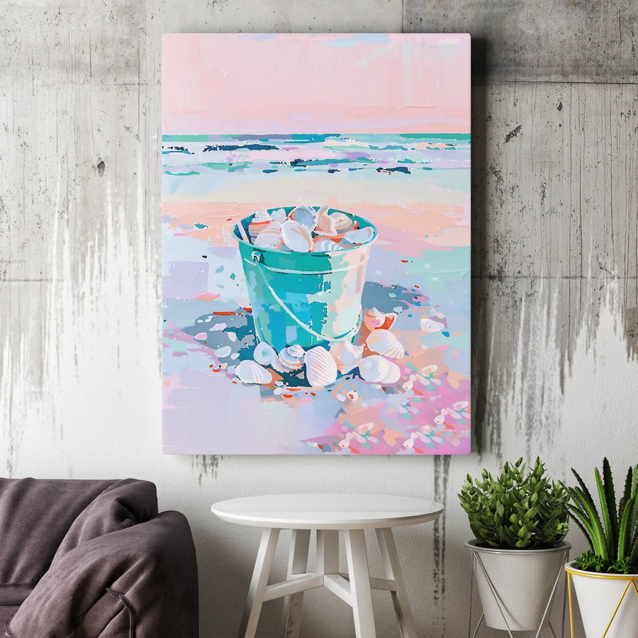 Coastal Beach Art Canvas | Pastel Seashells Bucket Print | Gallery Wrapped 1.25" Profile | Modern Seaside Home Decor Gift