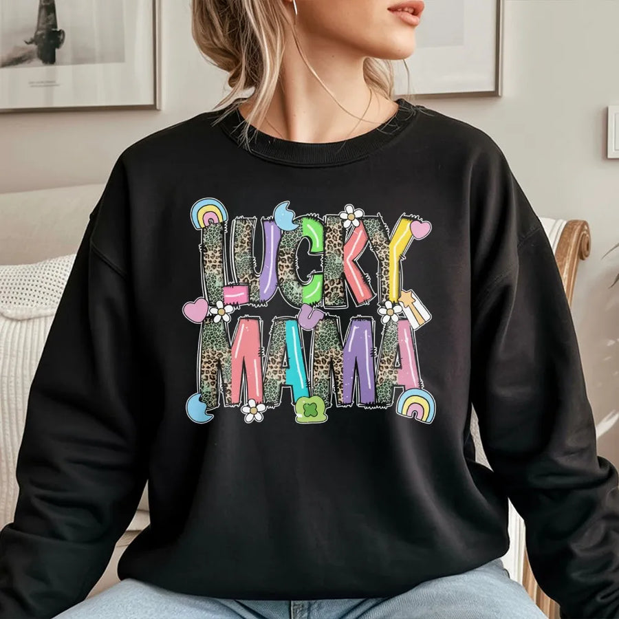 Lucky Mama Sweatshirt | St. Patrick's Day Leopard Print Graphic | Premium Soft Unisex Pullover | Cute Gift for Mom St. Paddy's Celebration