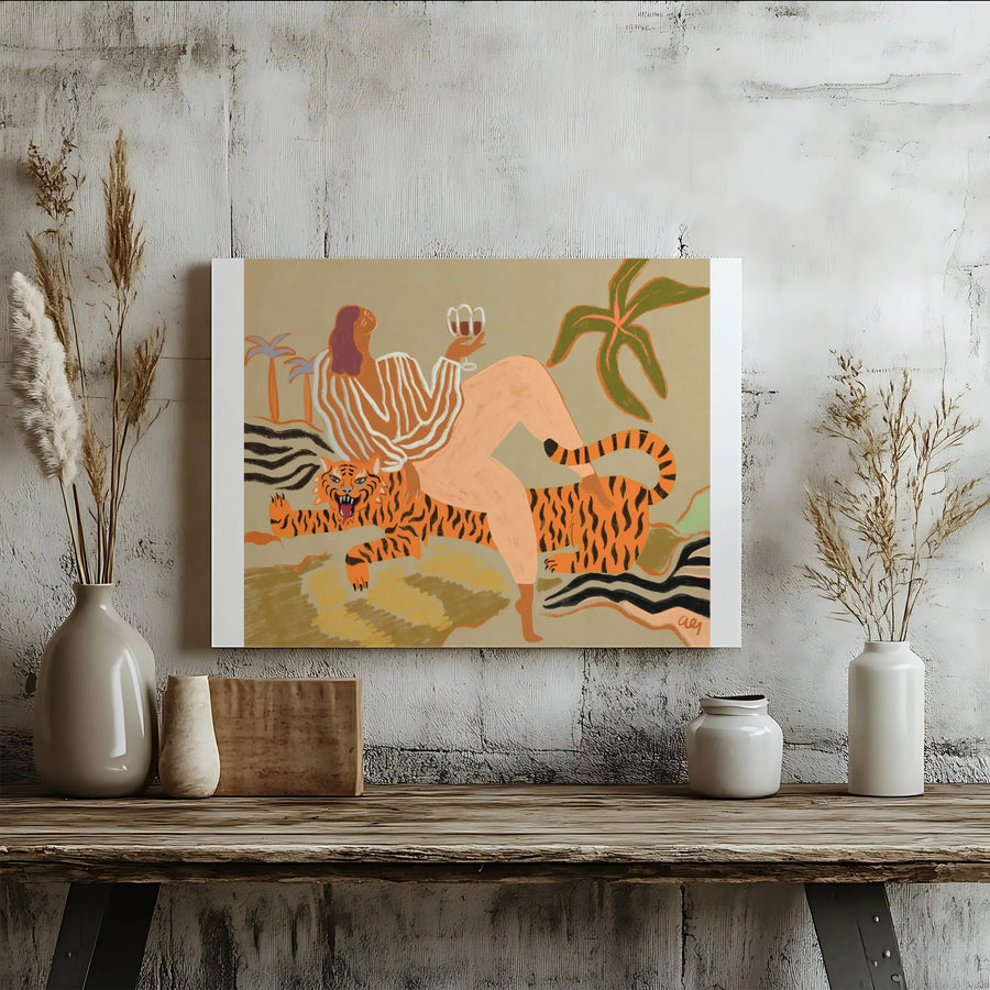 Woman Riding Tiger Wall Art | Abstract Bohemian Jungle Illustration | Premium Gallery Wrapped Canvas | Gift for Her Eclectic Home Decor