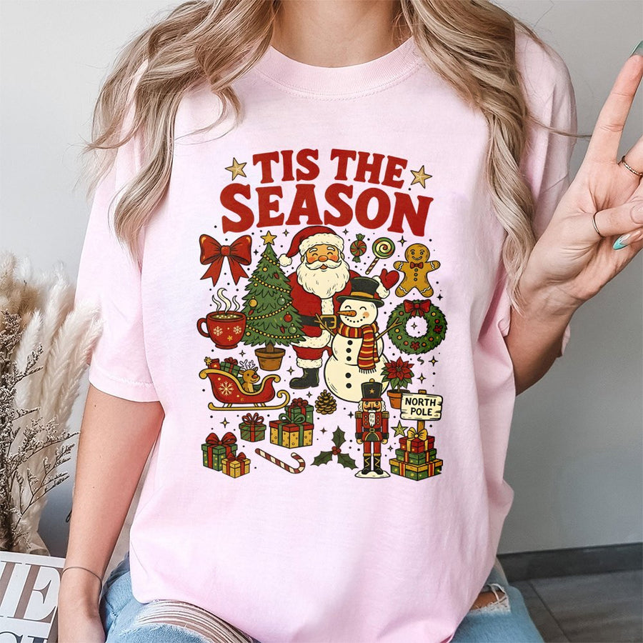 Tis The Season Christmas T-Shirt | Santa Claus, Snowman & Festive Holiday Graphic | 100% Cotton Premium Tee | Unisex Gift for Family & Holiday Parties
