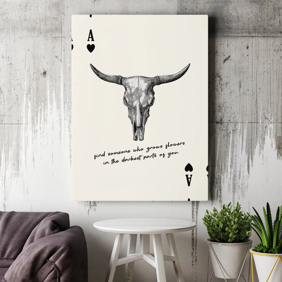Bull Skull Ace Card Canvas Print | Western Gothic Decor with Inspirational Quote | Premium Fade-Resistant Wall Art | Unique Romantic Gift for Him or Her