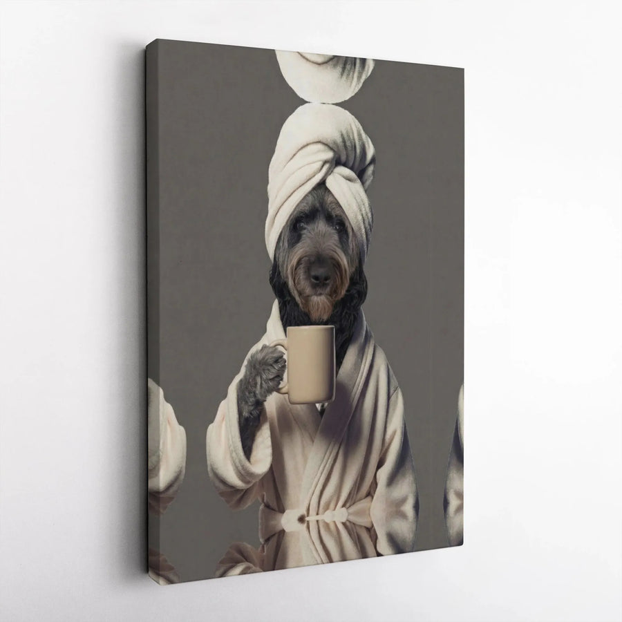 Funny Dog in Bathrobe Canvas Print | Relaxing Morning Coffee Dog Portrait | Premium Matte Canvas | Unique Bathroom Decor Gift for Dog Mom