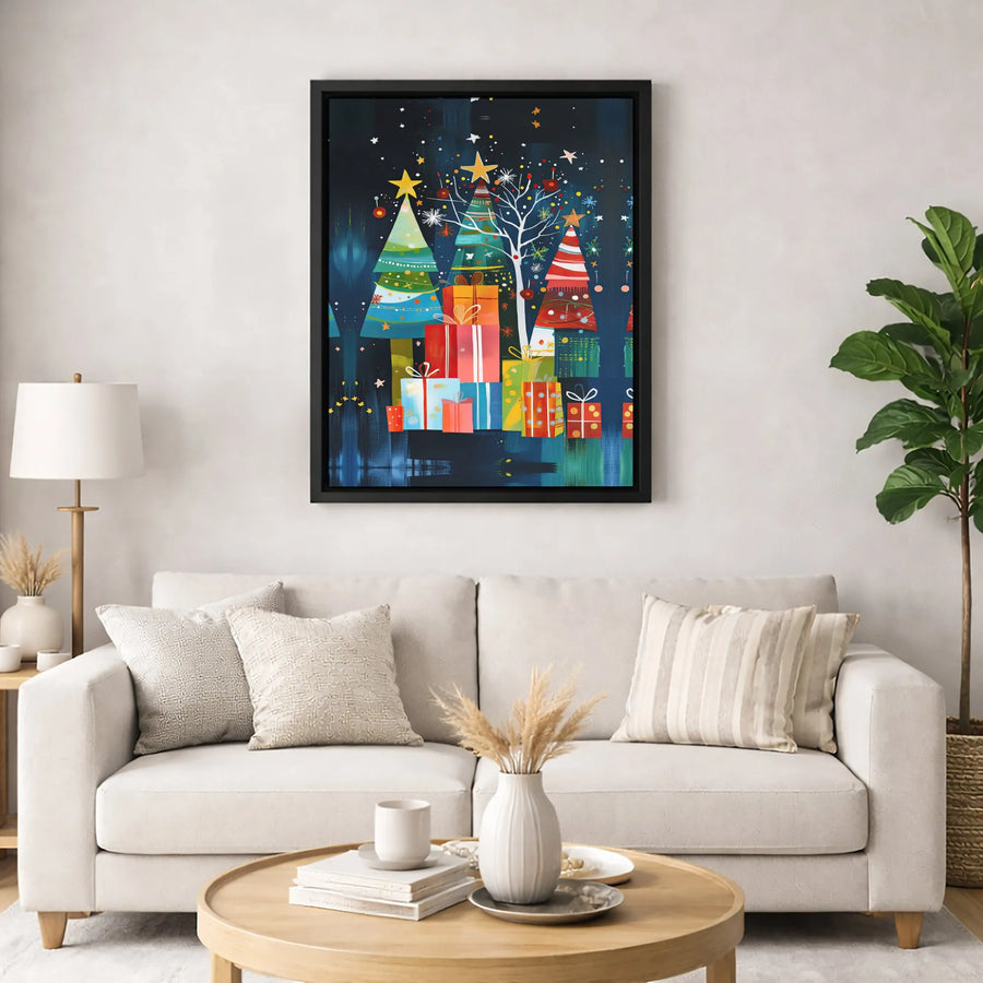Abstract Christmas Tree Canvas Art | Colorful Holiday Gift Boxes Print | Gallery-Quality 1.25 Inch Framed Wall Decor | Festive Home Interior Gift