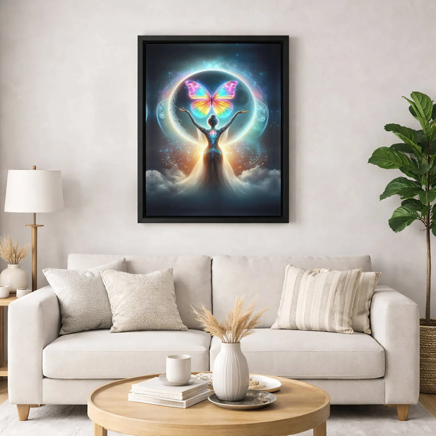 Celestial Goddess Canvas Art | Rainbow Butterfly Cosmic Moon Wall Decor | Premium 1.25-Inch Gallery Wrap | Spiritual Home Gift