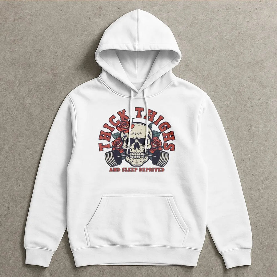 Thick Thighs And Sleep Deprived Gym Hoodie | Rose Skull Weightlifting Graphic | Premium Cotton-Polyester Blend | Funny Workout Gift For Fitness Lovers