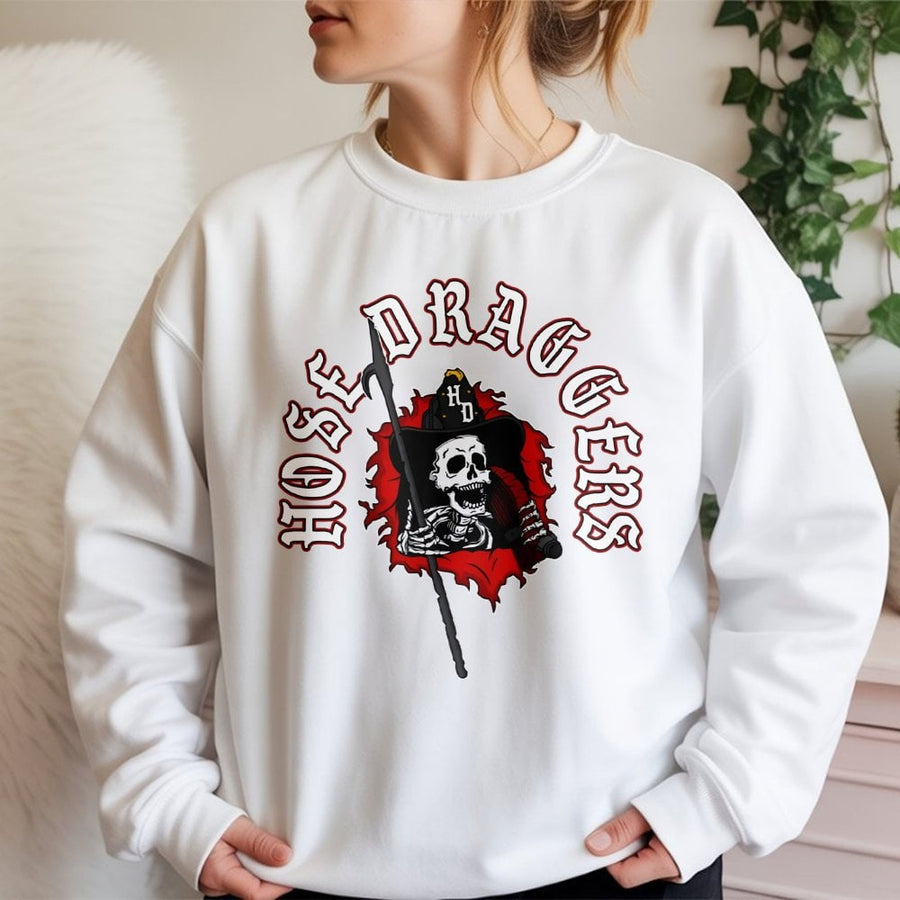 Hose Draggers Firefighter Sweatshirt | Skeleton Fire Dept Graphic | Premium Cotton Blend | Gift For Fireman Or First Responder