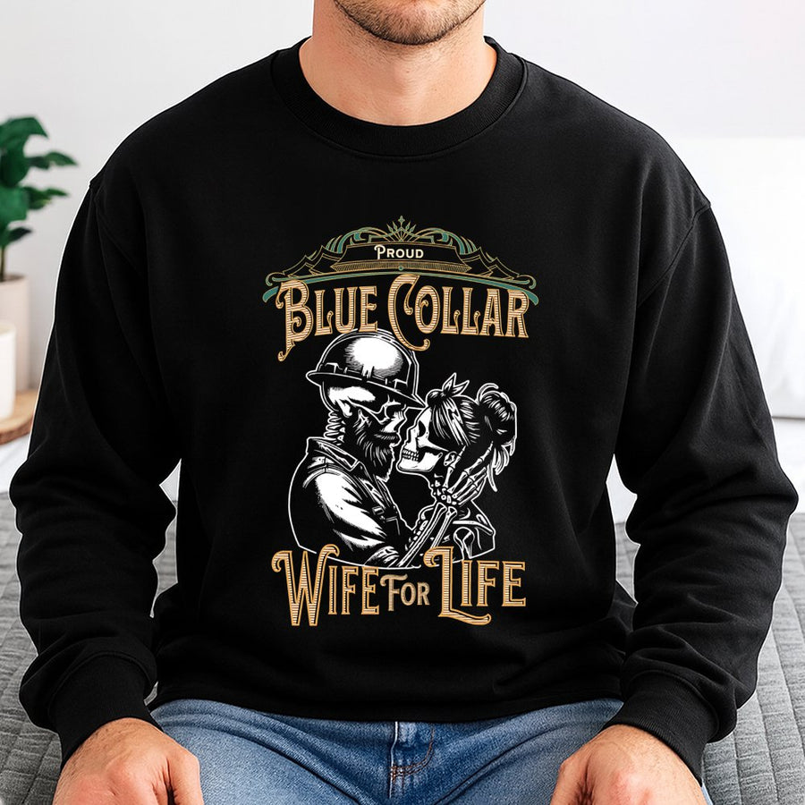 Blue Collar Wife Sweatshirt | Proud Construction Worker Spouse Graphic | Premium Cotton Blend Crewneck | Gift For Wife Anniversary Shirt