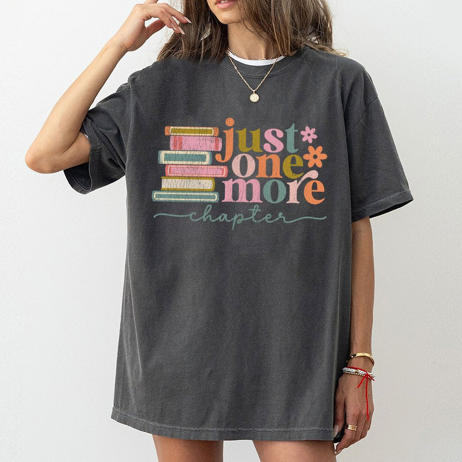 Just One More Chapter T-Shirt | Retro Book Stack Graphic Design | 100% Cotton Premium Tee | Gift for Book Lovers and Readers