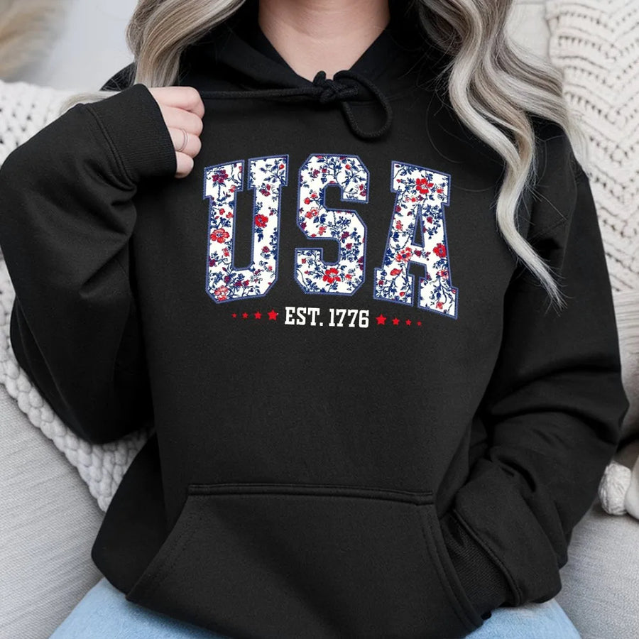 USA Floral Hoodie | Vintage 1776 Patriotic Graphic Design | Premium Cotton Blend Pullover | Fourth of July Gift for Women and Men