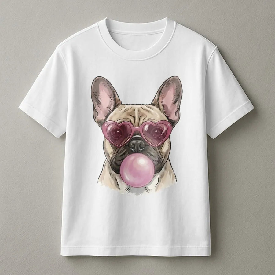 French Bulldog T-Shirt | Heart Glasses Bubblegum Dog Design | Premium Cotton Graphic Tee | Cute Valentine’s Day Gift For Dog Lovers