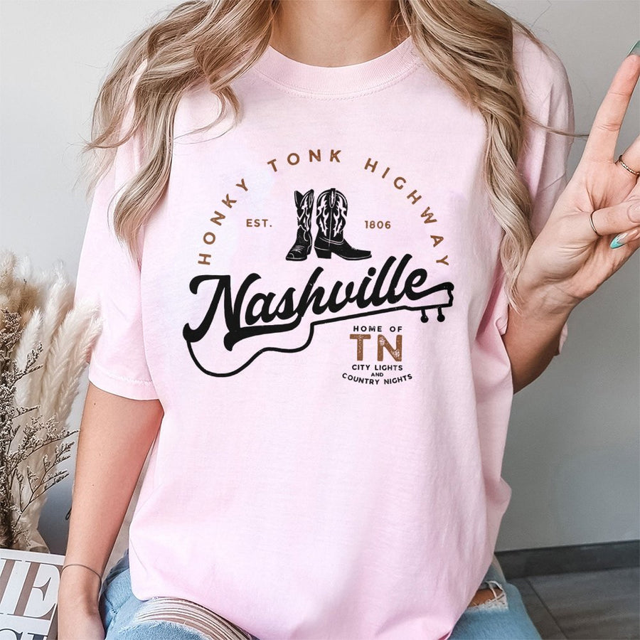 Nashville Honky Tonk Highway T-Shirt | Vintage Country Music Graphic Design | Premium 100% Cotton Tee | Music City Souvenir Gift for Men and Women