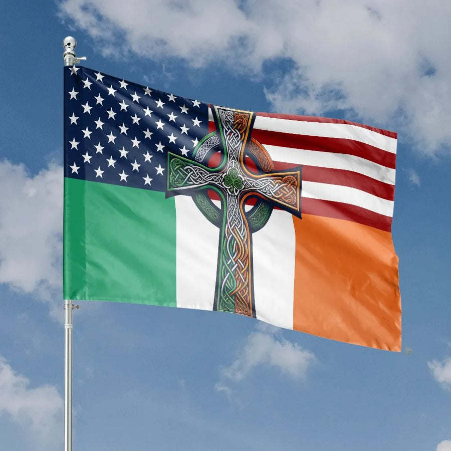Irish American Celtic Cross Flag | USA Ireland Hybrid with Celtic Knot | Premium Weather-Resistant Polyester | St Patrick's Day Gift for Irish Americans