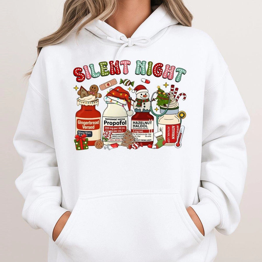 Silent Night Christmas Hoodie | Funny Medical Medicine Vial Graphic | Premium Cotton Blend | Gift for Nurses and Healthcare Workers