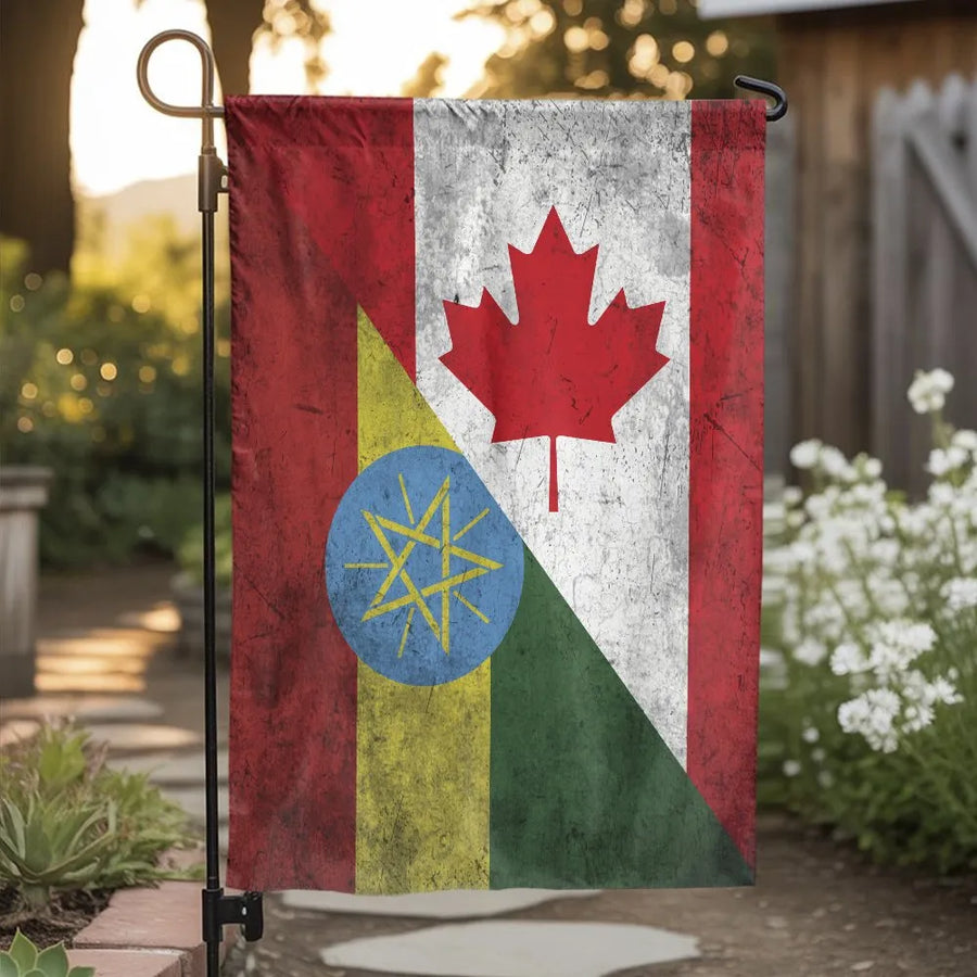 Canadian Ethiopian Heritage Garden Flag | Vintage Dual Country Design | Double-Sided Weather Resistant Fabric | Patriotic Yard Decor Gift for Families