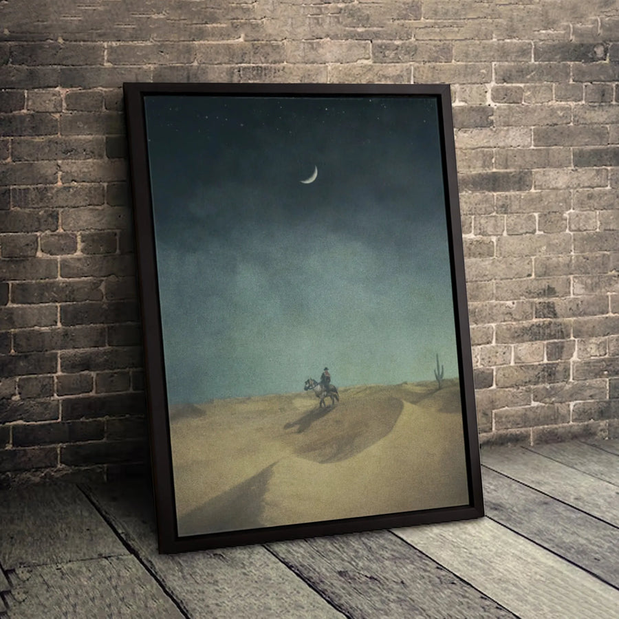Western Cowboy Canvas Wall Art | Midnight Desert Silhouette Scene | Premium Gallery-Wrapped Print | Moody Home Decor for Living Room