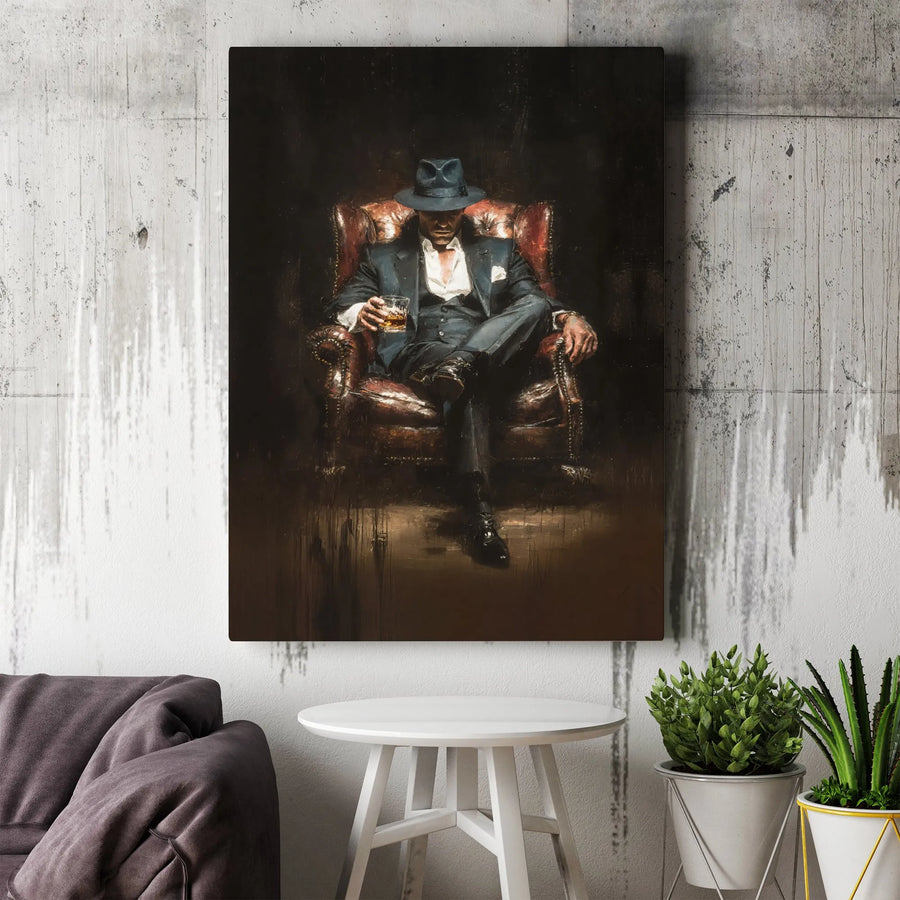 Mafia Boss Canvas Wall Art | Gentleman in Fedora Drinking Whiskey | Gallery Quality Premium Print | Masculine Office Decor Man Cave Gift