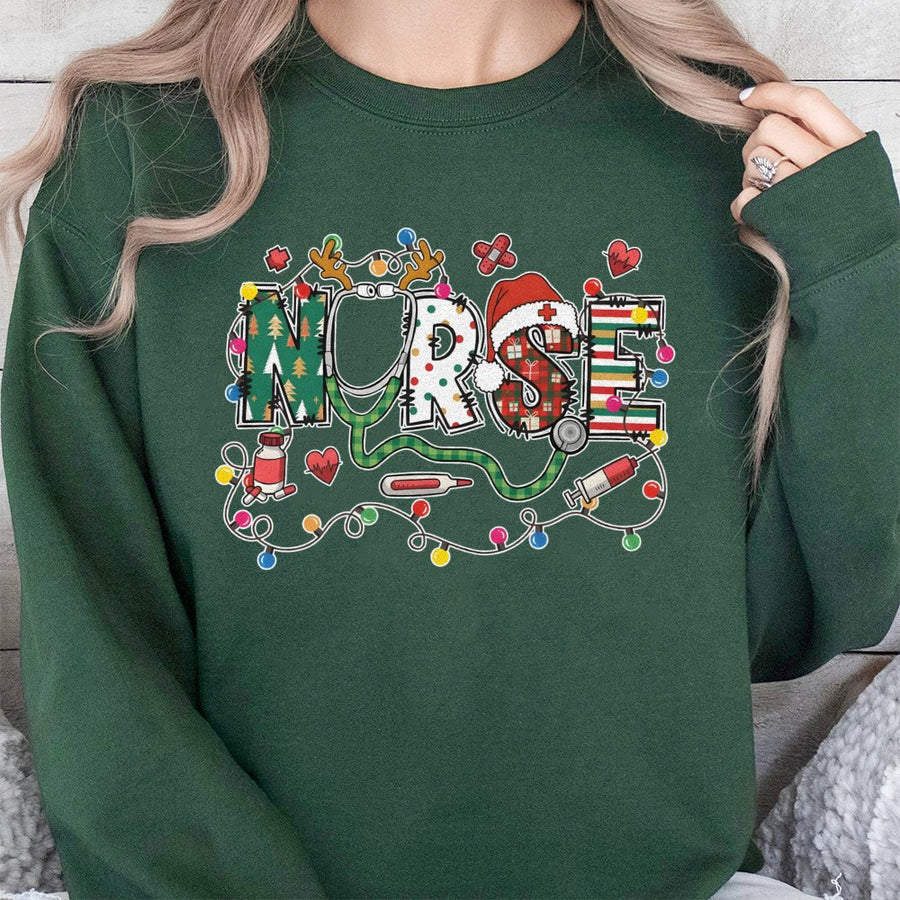 Christmas Nurse Sweatshirt | Holiday Plaid Stethoscope Design | Cotton Blend Premium Crewneck | Festive Medical Gift for Nurses