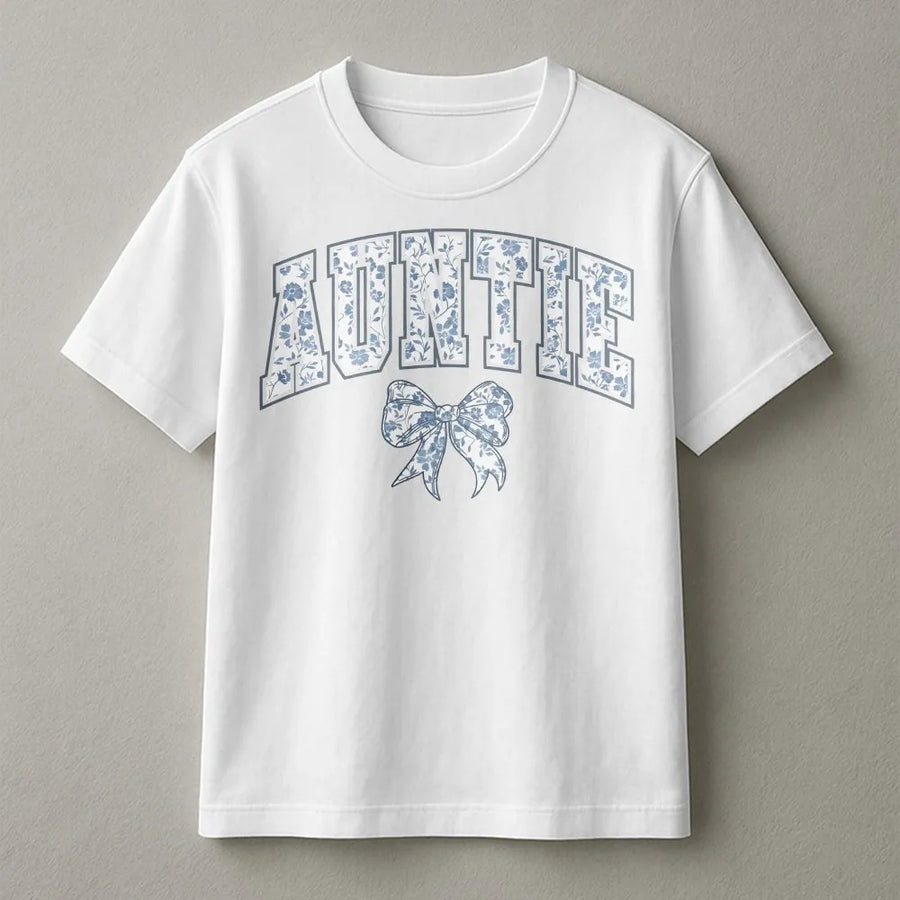 Auntie T-Shirt | Floral Bow Varsity Graphic Design | 100% Cotton Premium Tee | New Aunt Gift Pregnancy Announcement Idea