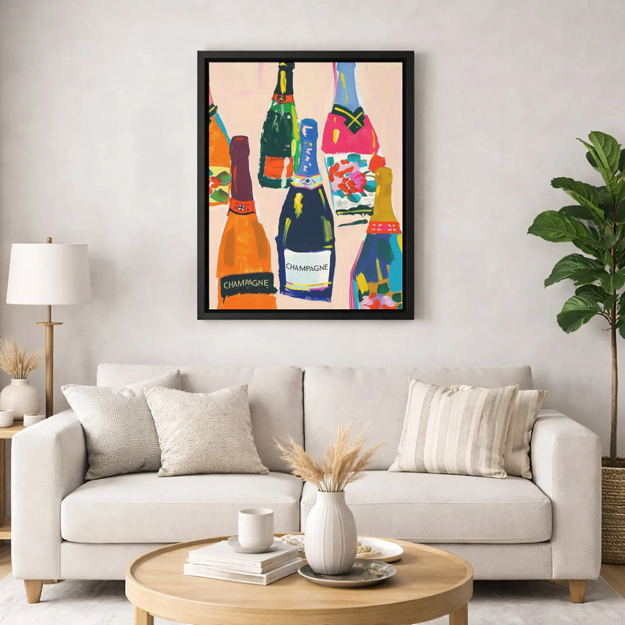 Champagne Bottles Wall Art | Colorful Abstract Kitchen Decor | Premium Fade-Resistant Canvas | Modern Bar Cart Gallery Print