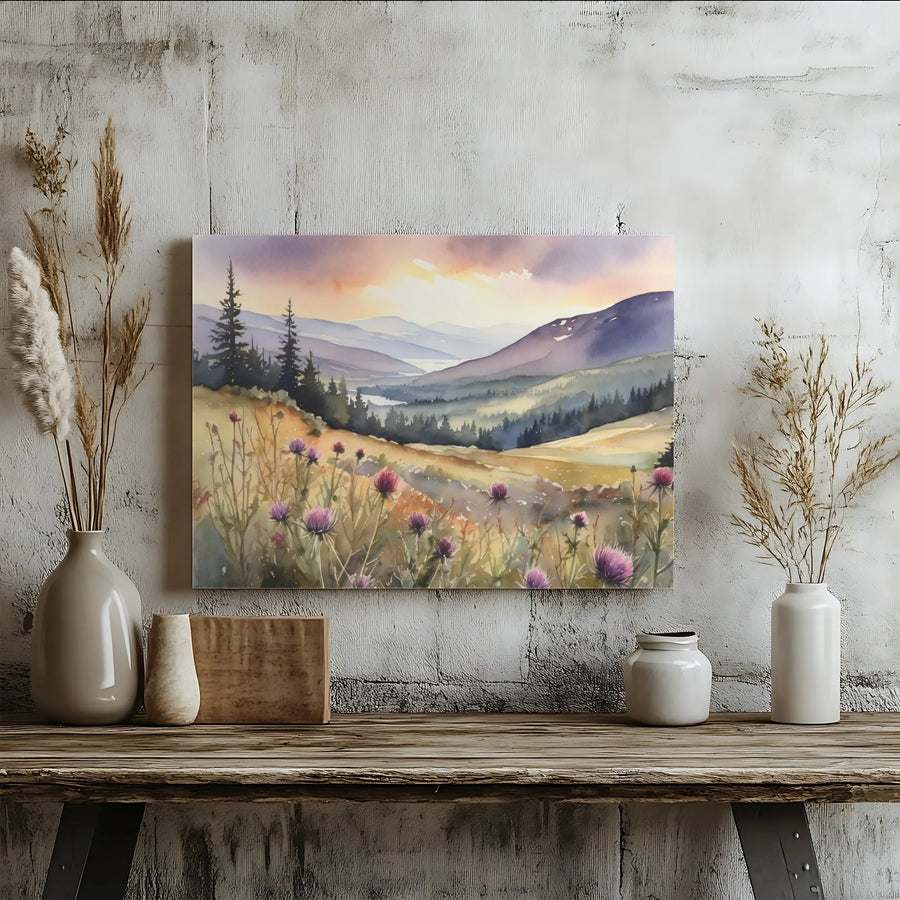 Watercolor Mountain Landscape Canvas | Purple Thistle Wildflower Meadow | Premium Gallery Wrapped Print | Modern Farmhouse Wall Decor Gift