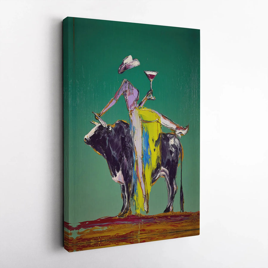 Surreal Cowgirl Canvas Wall Art | Woman Riding Bull with Cocktail | Premium 1.25" Thick Gallery Canvas | Modern Western Decor Gift for Her