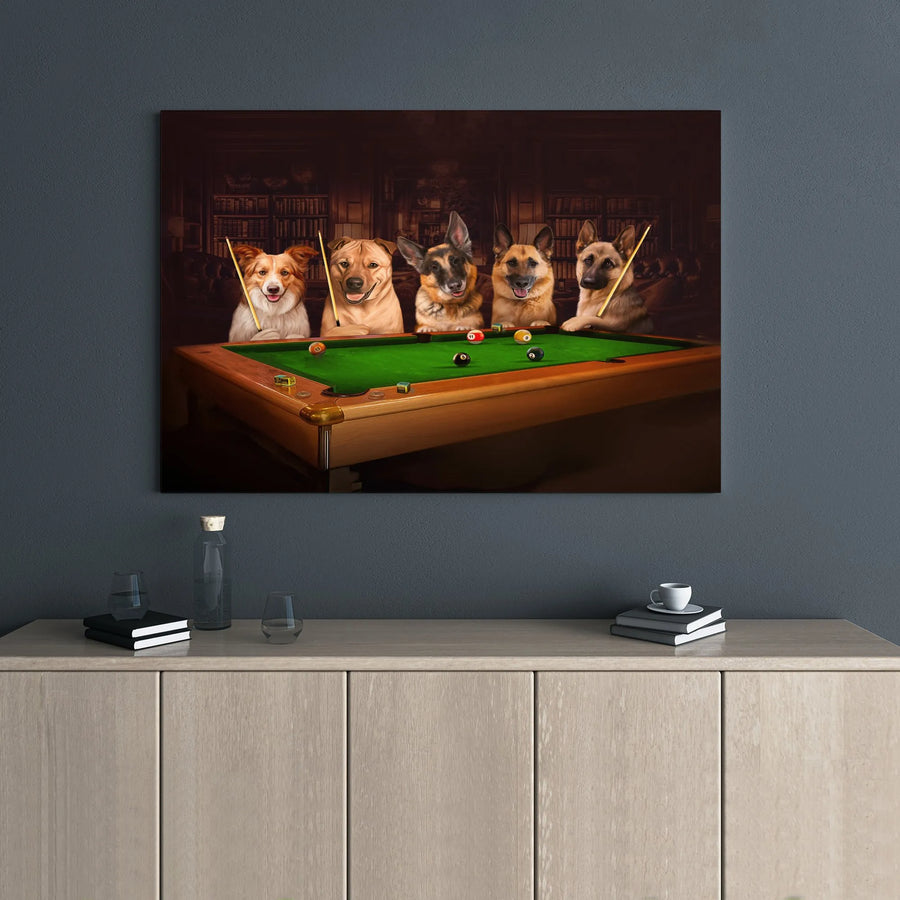 Dogs Playing Pool Canvas Print | Whimsical Billiards Room Wall Art | Premium Gallery Wrapped Decor | Unique Dog Lover Gift