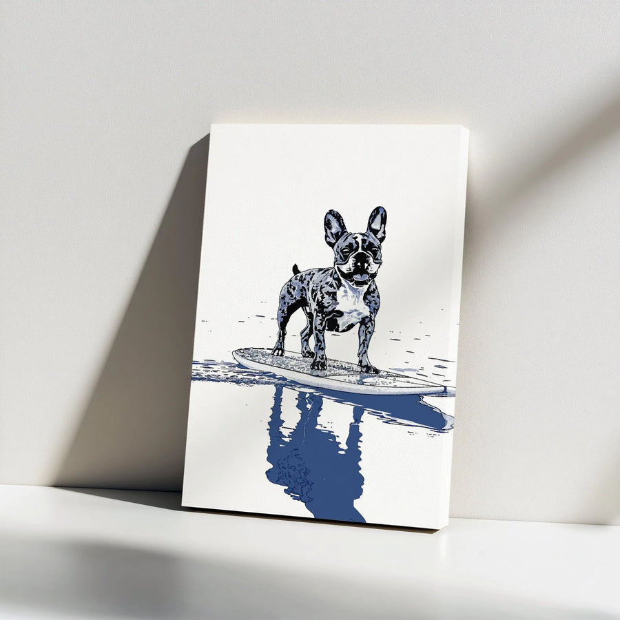 French Bulldog Surfer Canvas Wall Art | Minimalist Surfing Dog Illustration | Premium Gallery Wrapped Canvas | Gift for Dog Lover & Frenchie Mom