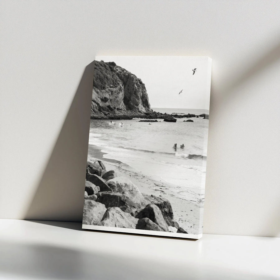 Monochrome Beach Scene Vertical Canvas | Black and White Ocean Photography | Premium Gallery Wrapped Canvas | Coastal Home Decor Gift for Beach Lovers