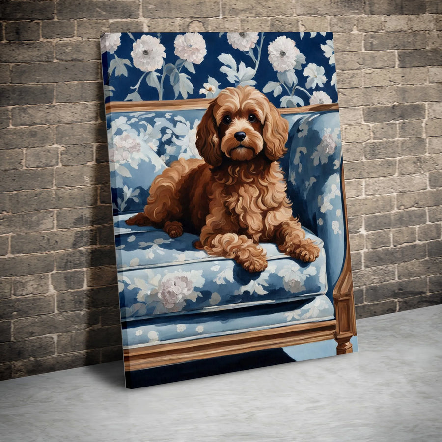 Cockapoo Dog Wall Art | Floral Sofa Portrait Painting | Gallery Wrapped Premium Canvas | Gift for Dog Lovers and Home Decor Enthusiasts