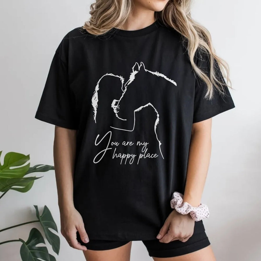 Horse Lover T-Shirt | You Are My Happy Place Minimalist Line Art | Premium 100% Cotton Tee | Equestrian Apparel Gift for Horse Girls and Riders