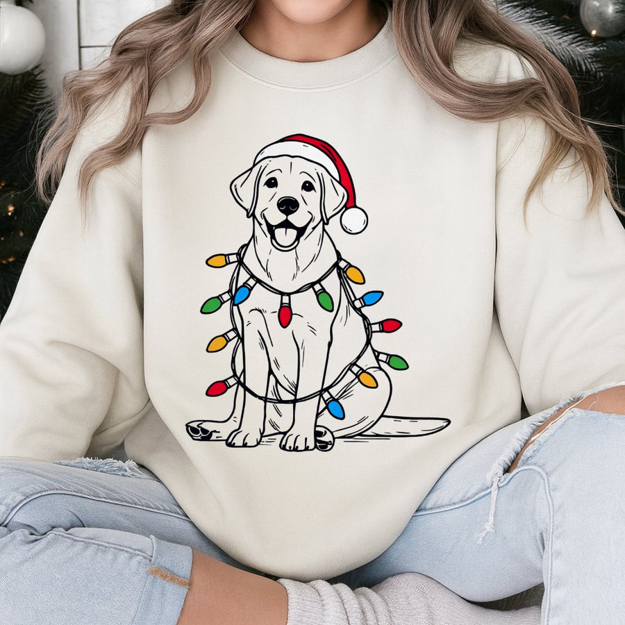 Labrador Christmas Sweatshirt | Santa Hat Dog With Fairy Lights Design | Premium Cotton Blend Crewneck | Cozy Holiday Gift For Dog Lovers