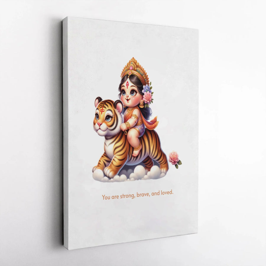 Baby Goddess Durga Canvas Print | Cute Tiger Cub Nursery Wall Art | 1.25 Inch Premium Gallery Wrap | Inspirational Hindu Spiritual Gift for Kids