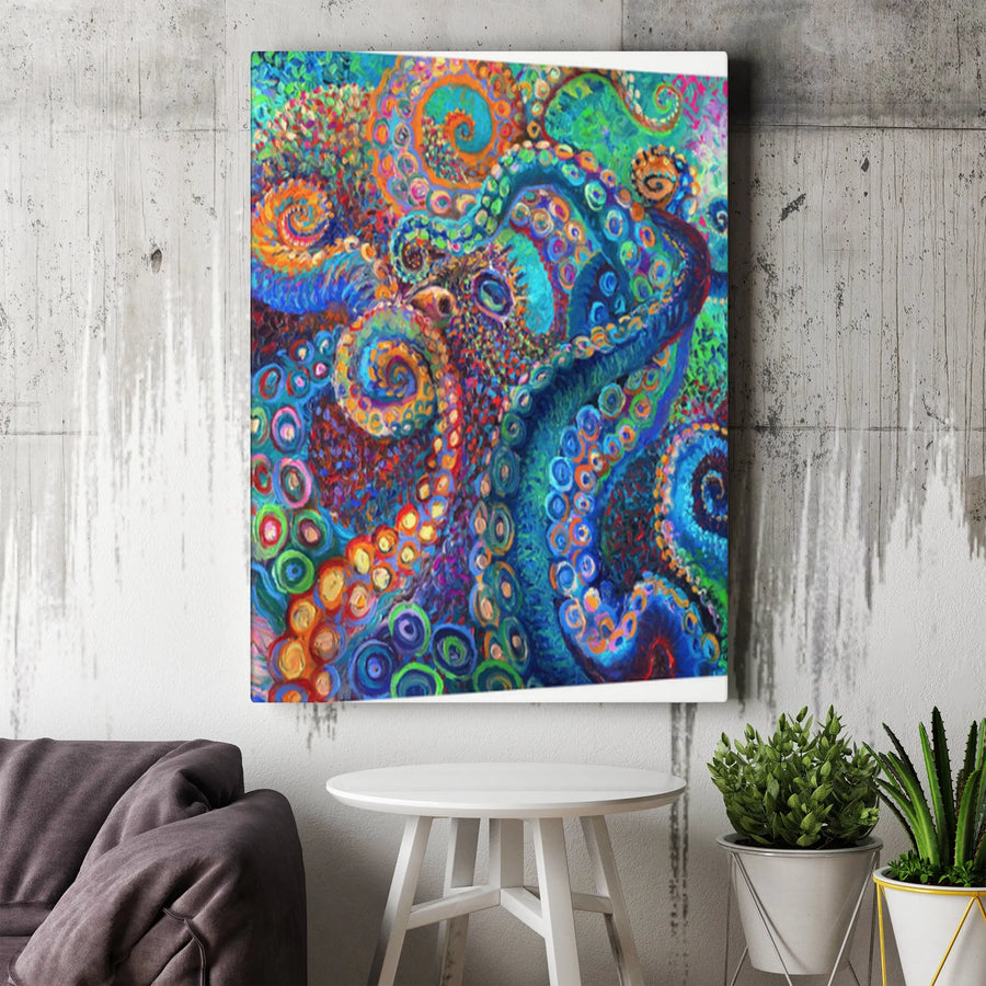 Abstract Octopus Wall Art | Colorful Psychedelic Kraken Painting | Premium Fade-Resistant Canvas | Ocean Themed Home Decor Gift
