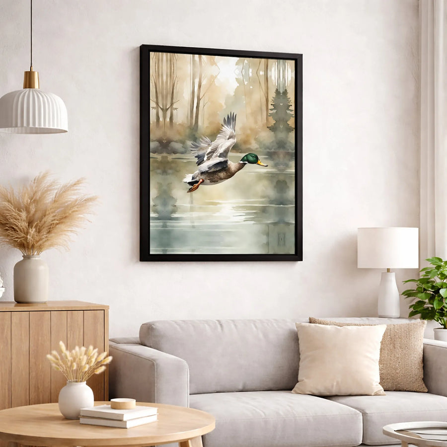 Mallard Duck Canvas Wall Art | Watercolor Flying Duck Over Misty Lake | Gallery Wrapped Premium Print | Nature-Inspired Home Decor Gift