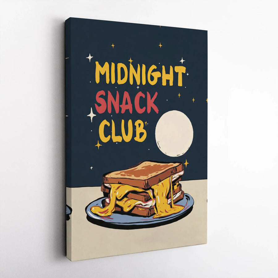 Midnight Snack Club Vertical Canvas | Funny Grilled Cheese Retro Art Print | Premium 1.25 Inch Gallery Wrapped Canvas | Cute Kitchen Wall Decor Gift