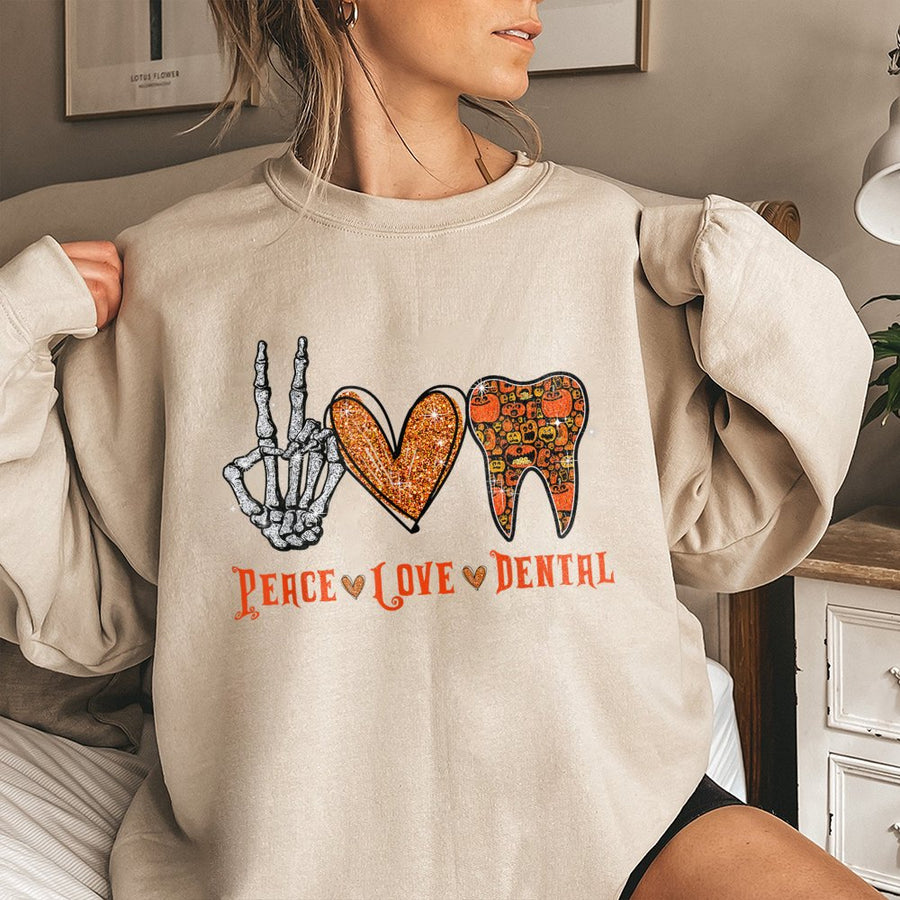 Peace Love Dental Sweatshirt | Halloween Dentist Spooky Graphic | Premium Cotton Blend | Gift for Dental Hygienist and Assistant
